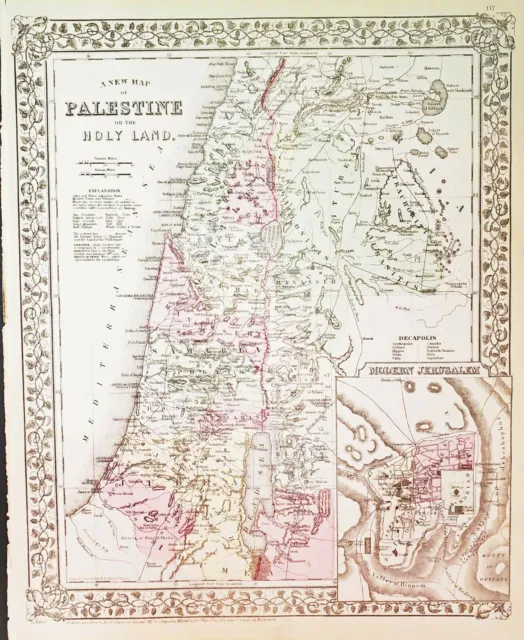 Antique Two-Sided Map of Palestine and Asia Mitchell's Atlas of the World c.1881