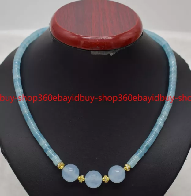 Natural 3x6mm Blue Aquamarine & 10mm Blue Aquamarine Beads Necklace 18"