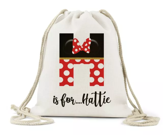 Personalised Drawstring Bag, Girls Minnie Mouse Letter P.E School Nursery Nappy