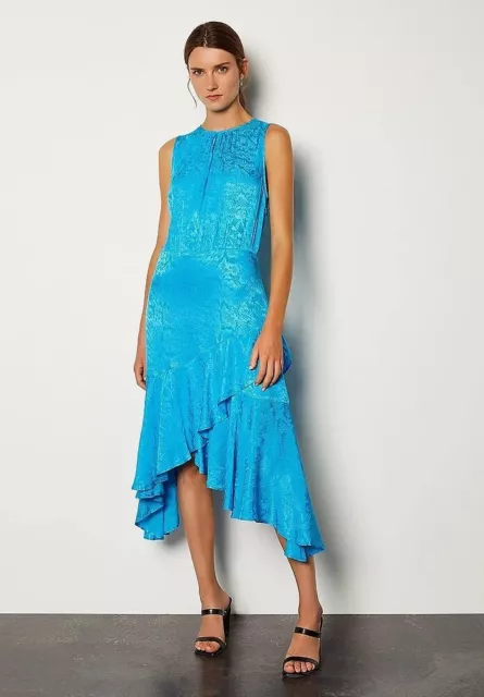 Karen Millen Jacquard Blue Turquoise Asymmetric Frill Midi Dress UK 10 Bnwt