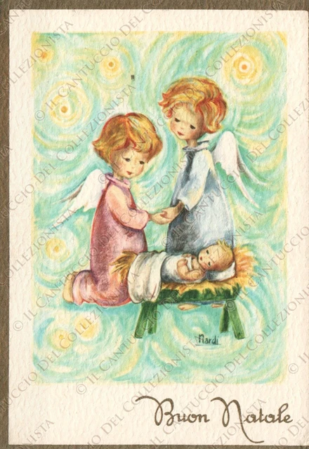 1965 Buon Natale angeli con bambino Cartolina augurale
