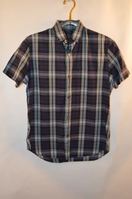 Theory Men's Medium Blue Plaid Button Up Short Sleeve Shirt