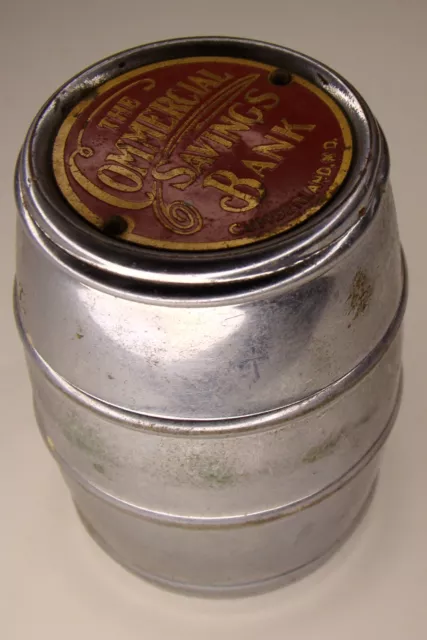 * Rare Antique Tin Bank - The Commercial Savings Bank - Chrome Metal Coin Barrel