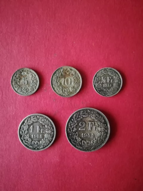 Lot de 5 pièces Suisse :5cts1888B;10cts1925B; 50cts1931B; 1fr1908B; 2frs1944B