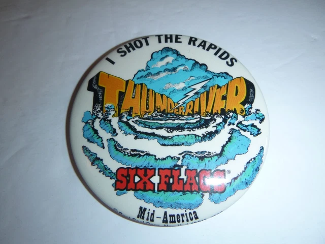 Vintage Six Flags Mid-America Amusement Park Thunder River Pinback Button