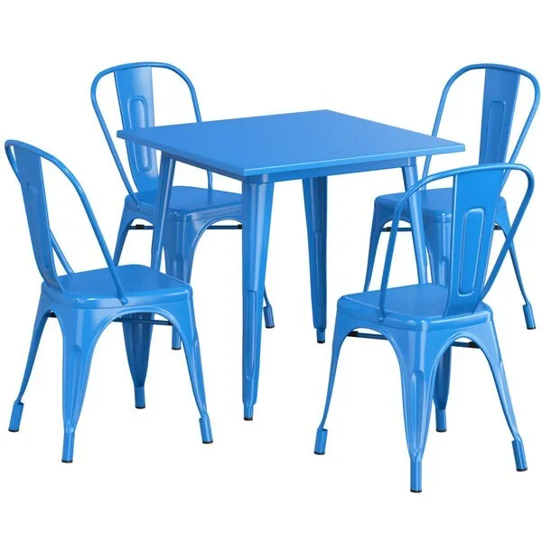 31.5'' Square Blue Metal Restaurant Table Set with 4 Chairs For Outdoor Use