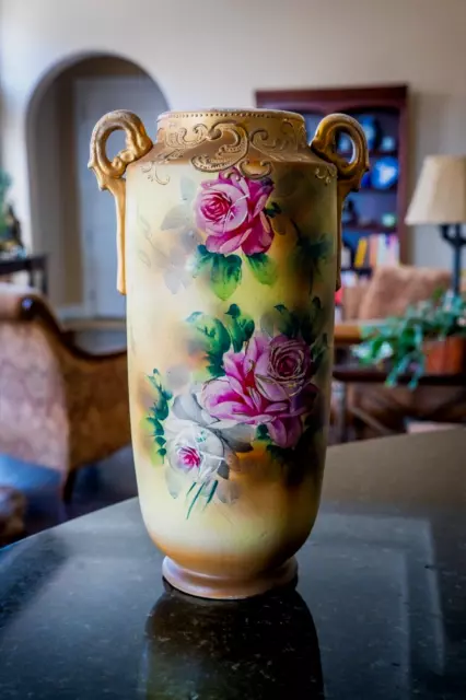 Large Antique Nippon Japanese 18" Tall Vase Hand Painted Roses & Gold Accents