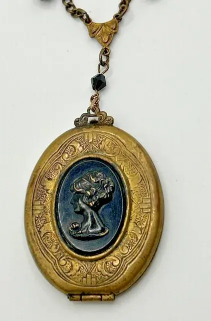 Victorian Etched Brass & Enamel Cameo Mourning Locket Necklace 16" JCS