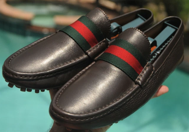 GUCCI man's green red ribbon brown leather Loafers shoes Size 8.5 G GUCCI man's green red ribbon brown leather Loafers shoes Size 8.5 G