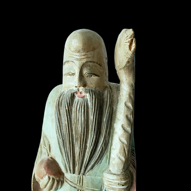 Chinese Vtg Carved Wood Statue Shou Lao God of Longevity Fortune Shou Xing Art 2