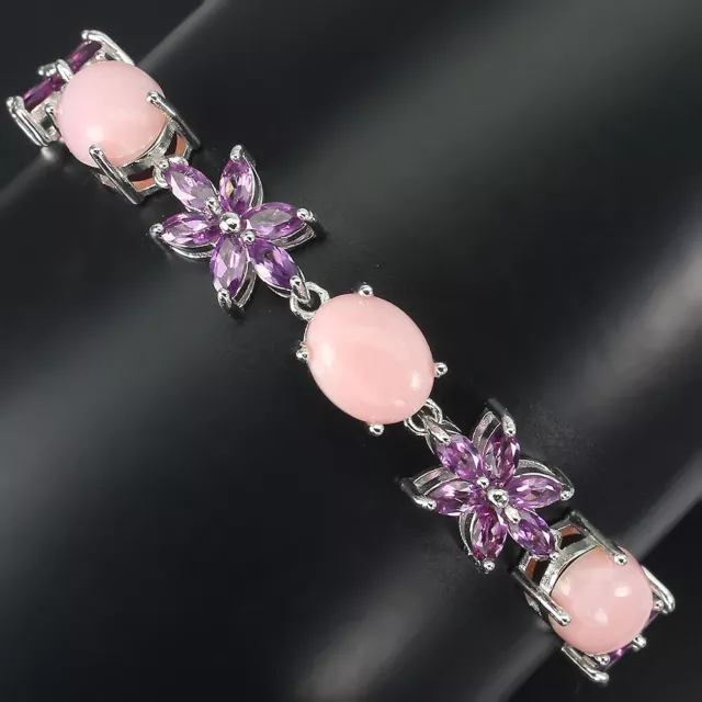 Unheated Oval Pink Opal 10x8mm Rhodolite Garnet 925 Sterling Silver Bracelet