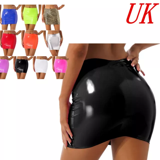 Womens Wetlook PVC Flared Skater Skirt Ladies Black Shiny Leather Mini  Skirt UK