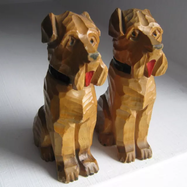2x hand carved wooden Dog animal figure figurine carving vintage dogs, wood pair