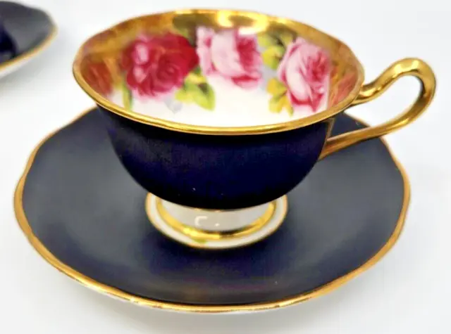 Royal Albert Matte Black OLD ENGLISH ROSE Tea Cup & Saucer Heavy Gold Teacup