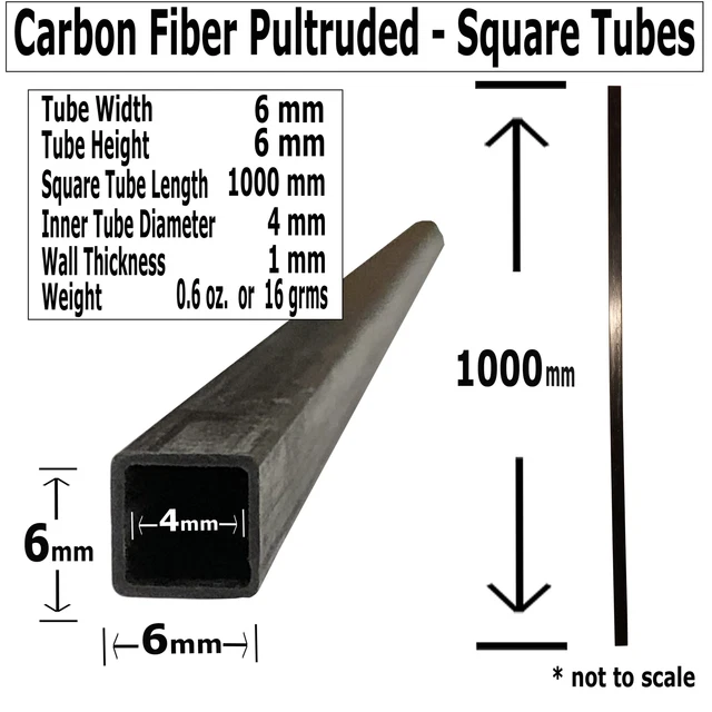(2) Pultruded Square Carbon Fiber Tube - 6mm x 6mm x 1000mm