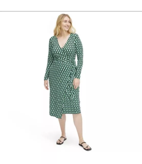 XS Diane Von Furstenburg Long Sleeve Midi Arrow Geo Green Wrap Dress