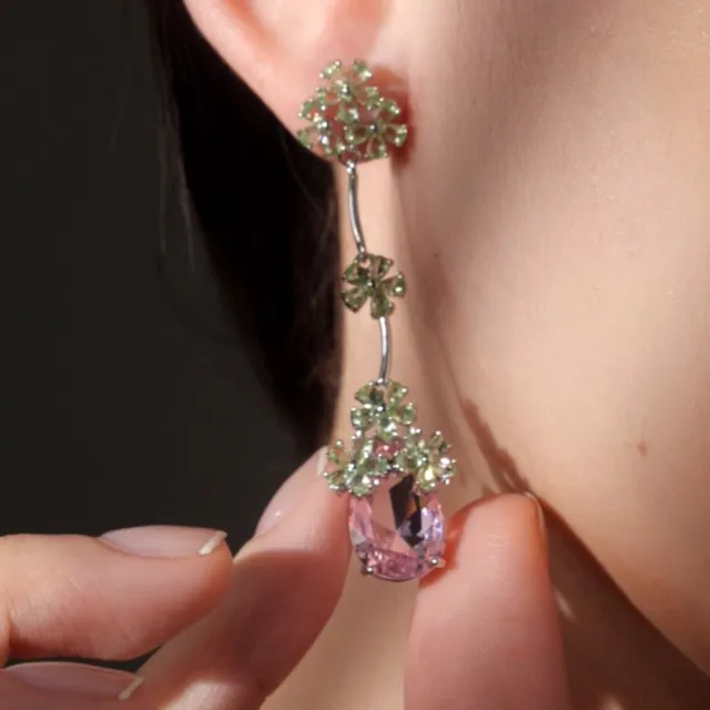 white gold s925 made with SWAROVSKI crystal drop dangle flower pink earrings