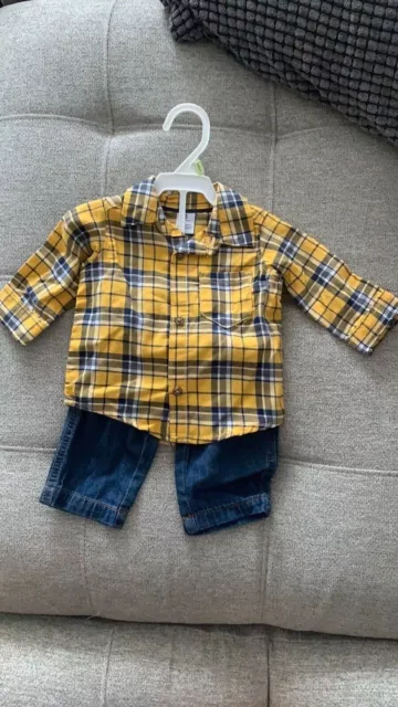 NEW Carters Infant Boys 2-Piece Yellow Plaid Shirt & Denim Pant Set 0-3M