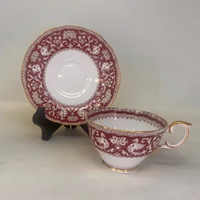 English Country Crown Staffordshire Ellesmere Dark Red/Maroon Tea Cup & Saucer