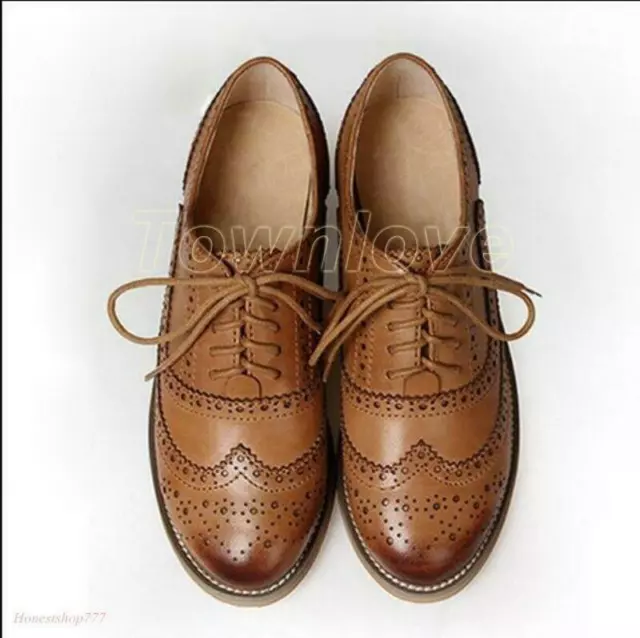 Women's Real Leather Flat Oxfords Brogues Wingtip Lace Up Shoes Casual Shoes New