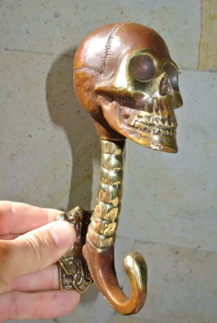SKULL head 7" long WALL HOOK heavy BRASS old style SCREW wall spine hang B