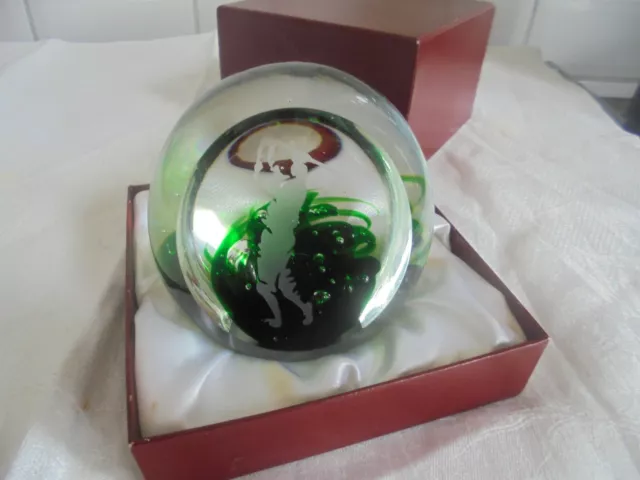 Boxed Lovely Green / Clear Glass Etched Golfer Golfing Paperweight With Bubbles