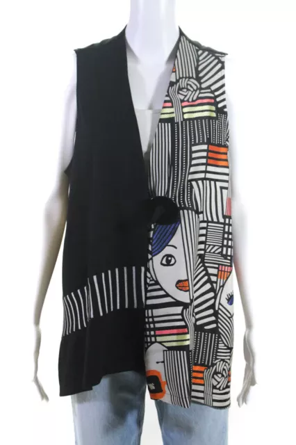 Zoe Womens Tie Front Motif Face Printed V Neck Vest Jacket Black Multi Size XL