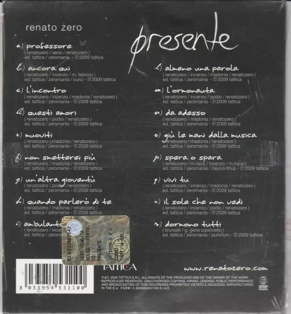 Cd RENATO ZERO – PRESENTE nuovo sigillato digipack 2