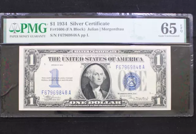 1934 $1 Note - FUNNY BACK - Fr#1606 (FA Block) Silver Certificate - PMG 65 EPQ