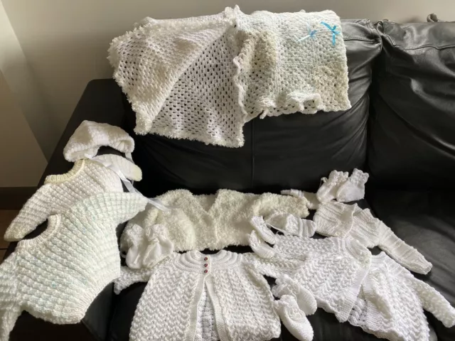 New hand knitted beautiful baby clothes and blankets, full set as pictured