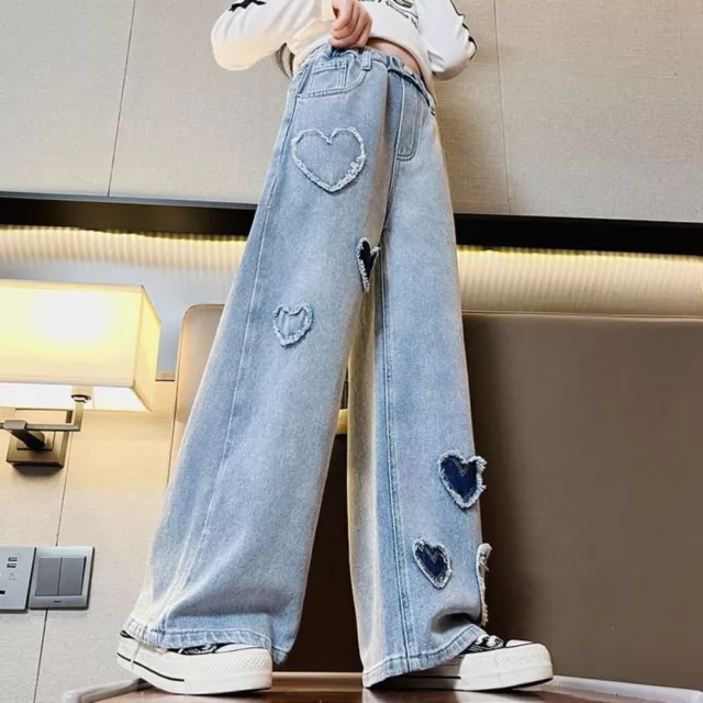 Soft Denim Jeans Elastic Waistband Heart Pattern Loose Pants  Spring and Autumn