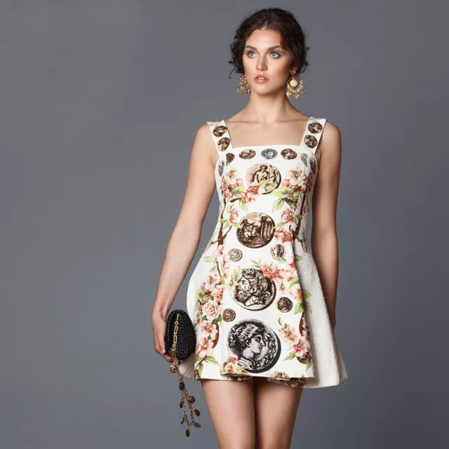 AUTH RARE SS2014 Dolce&Gabbana coins printed beige textured cotton dress 44it