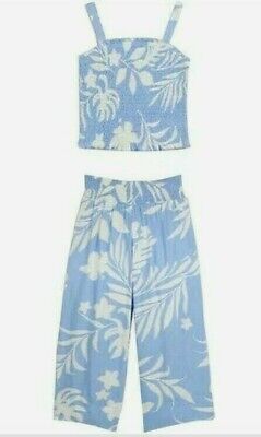 Girls 2 Piece Co-Ord Blue Floral Trouser & Crop Top Set Summer Outfit