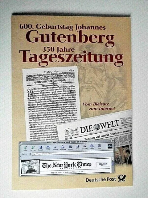 Beleg Gedenkblatt Ersttagsblatt BRD 2000 Johannes Gutenberg Mi. Nr.2998+2123 FDC