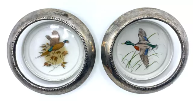 Frank Whiting Sterling Silver Mallard Duck & Pheasant Coaster Set of 2