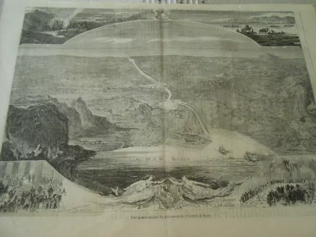 Gravure 1859 - Vue panoramique du percement de l'isthme de suez