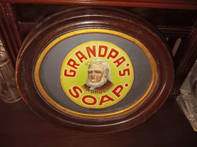 1890 Original Grandpa's Wonder Soap Store Sign Chromo Litho Walnut Oval Frame