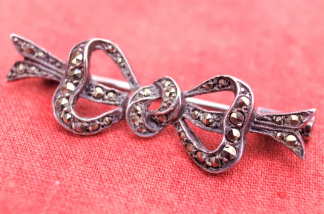 Bow Brooch Pin - Marcasite with CF mark;Antique; Trombone Clasp; Pretty Piece