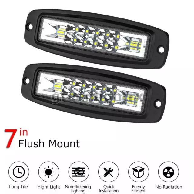 2PCS Flush Mount 7inch LED Work Light Bar Spot Flood Combo White Driving ATV SUV