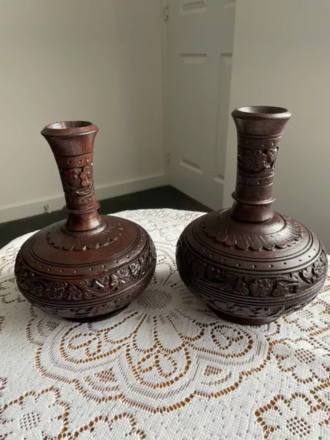 Mahogany Antique Vintage Wooden Pair Of Wooden Vase