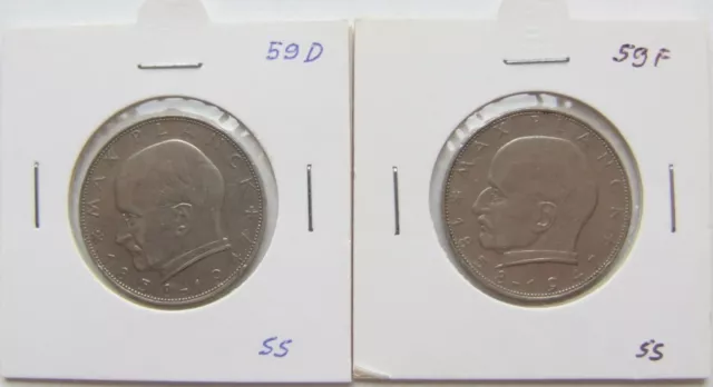 Münzen BRD Max Planck 2 Deutsche Mark 1959 D und F in Sehr schön