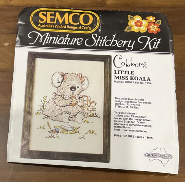 Semco Embroidery Kit miss koala No 1305 cream Linen cottons 13 x 18 cm vintage
