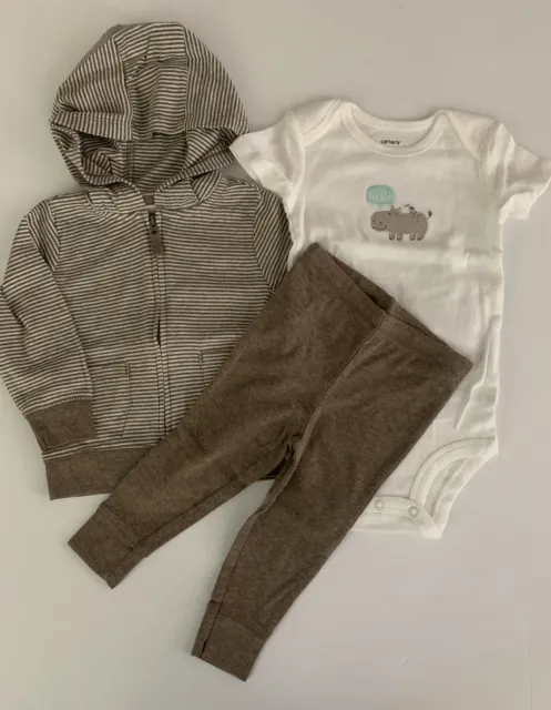 Carters Baby Boy Jacket Bodysuit Pants Set Size 9 Months Brown Ivory Hippo