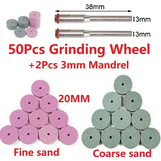 50Pcs 20mm Grinding Wheel Coarse/Fine Sand Buffing Polish Disc +2Pcs 3mm Mandrel