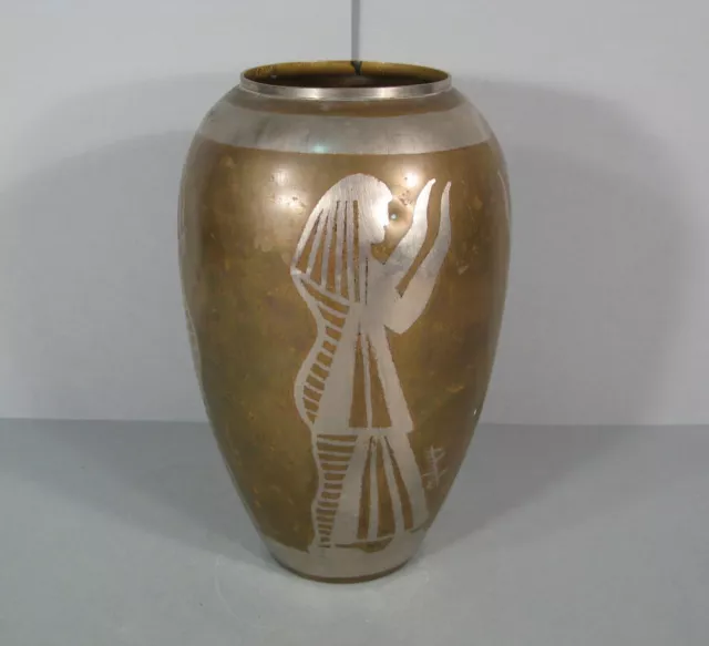 Ancien Vase Laiton Dinanderie Style Art Déco A Décor Égyptiennes Signé