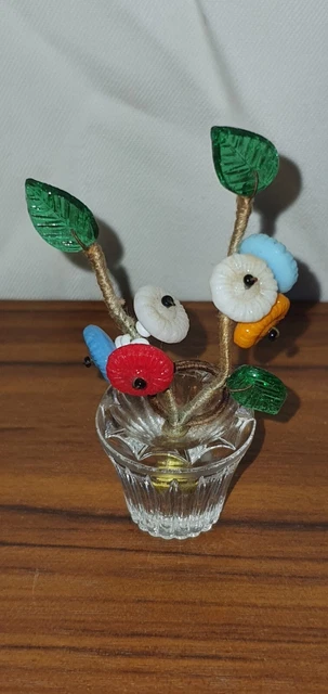 Vintage Antique Tiny Victorian Glass Vase Beaded Flower Bouquet Figurine Trinket