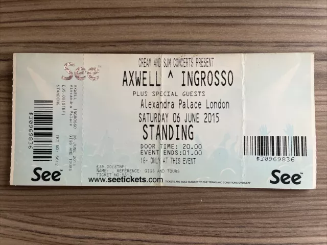Axwell and Ingrosso Used Concert Ticket Alexandra Palace London 6th June 2015