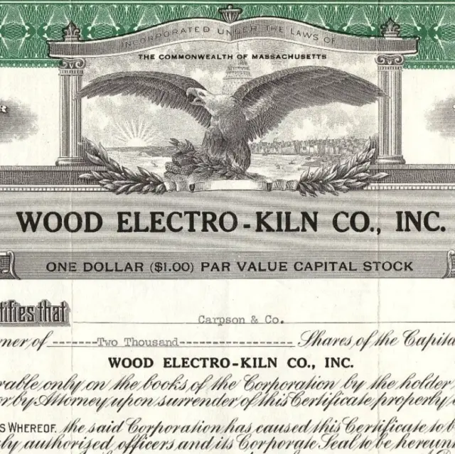 1955 Wood Electro-Kiln Co. Stock Certificate Cambridge MA Carpson & Co. Vintage