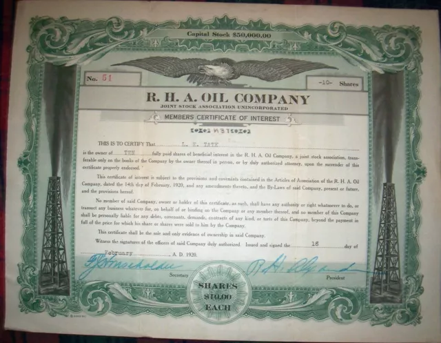 R. H. A. Oil Company Wichita Falls, Texas dated Feb 18, 1920; uncancelled rare