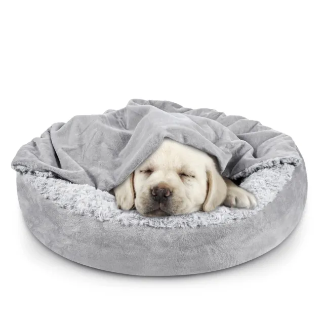 Small Dog Cat Bed with Hooded Blanket Cozy Cuddler Donut Round Calming Burrow